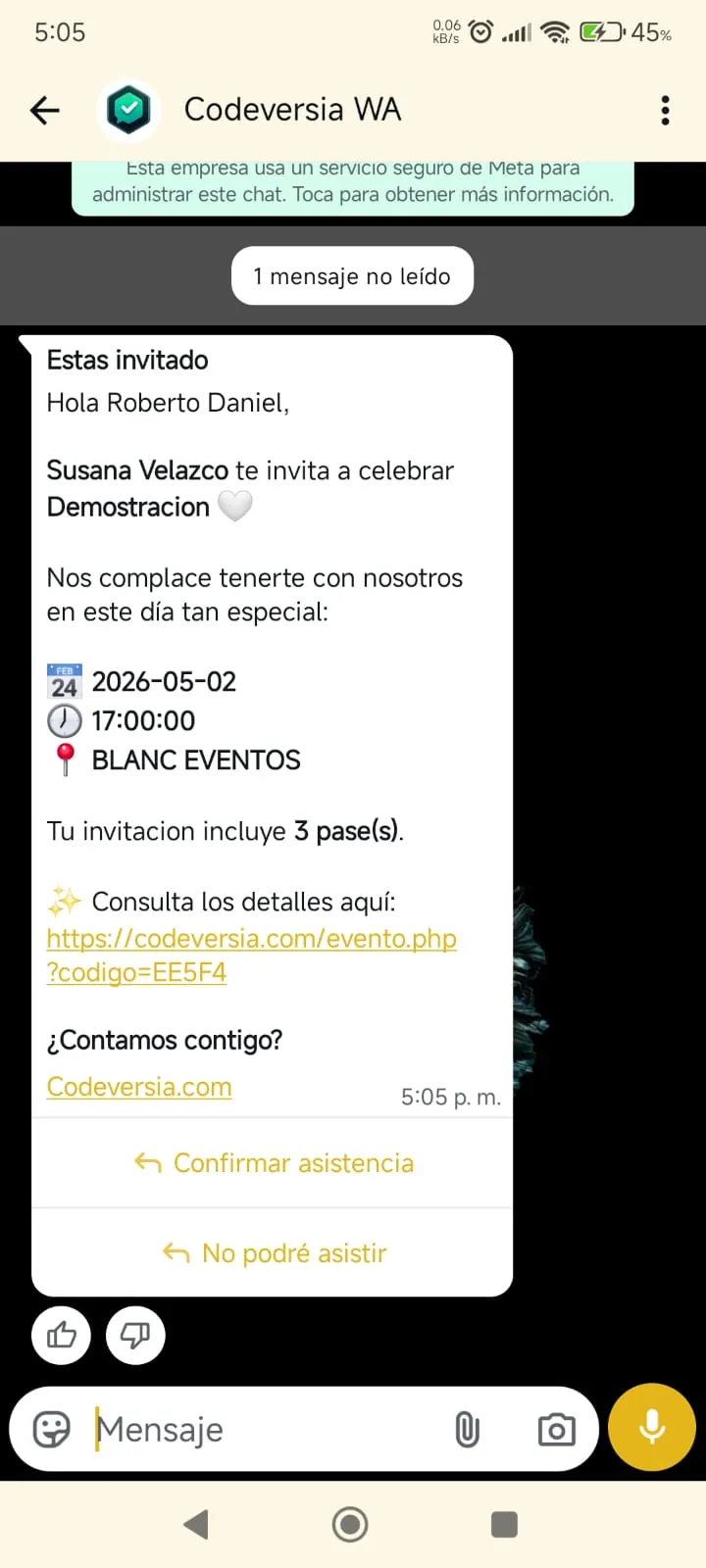Mensaje de invitación por WhatsApp